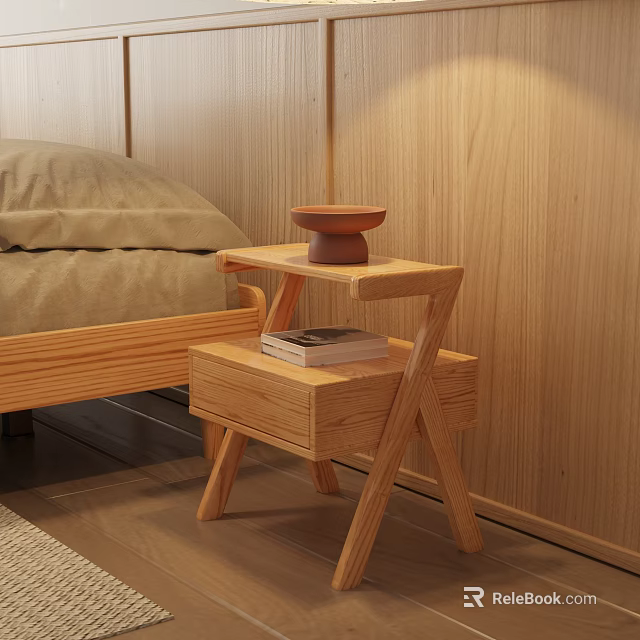 Natural Wooden Bedside Table With Books And Bowl Next To Cozy Bedroom Setup 3d model 