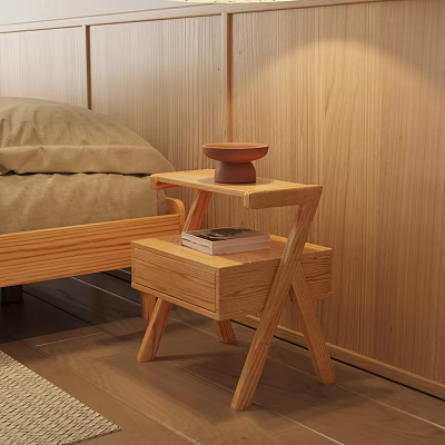Natural Wooden Bedside Table With Books And Bowl Next To Cozy Bedroom Setup 3d model