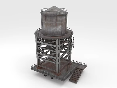 Rusty Metal Public Water Tower With Support Frame Staircase And Railing 3d model