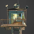 Elevated Metal Shack With Corrugated Roof Satellite Dish Speakers And Balcony