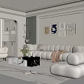 Modern Beige Sofa and Coffee Table Set with Throw Pillows Blanket Wall Art and Armchair