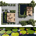 Tranquil Water Fountain Garden With Lounge Chairs Trees Stone Pathway Rocks And Water Lilies