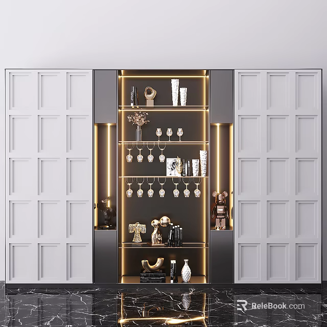 Modern White Cabinets Featuring Open Shelving With Decorative Items And Lighting 3d model 