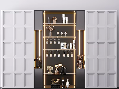 Modern White Cabinets Featuring Open Shelving With Decorative Items And Lighting 3d model