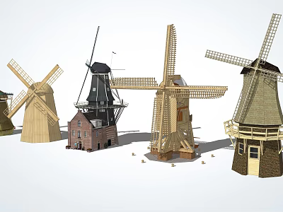 Various Traditional Windmill Models With Wooden Structures And Diverse Design Styles 3d model