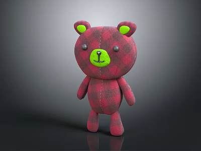 Cute Red Plaid Stuffed Bear Doll With Green Ears Nose And Black Eyes 3d model