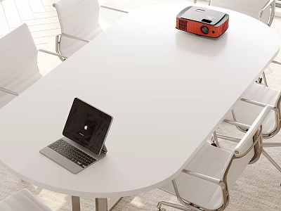 White Oval Conference Table With Laptop Red Projector And White Chairs In Bright Meeting Room 3d model
