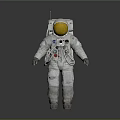 Man Astronaut in White Spacesuit with Gold Helmet and Life Support Gear against Gray Background