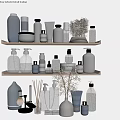 Stylish Modern Bathroom Accessories Display On Wooden Shelf Featuring Blue White Bottles Candles And Containers