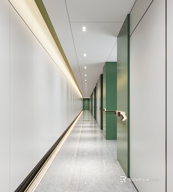 Modern Office Hallway Interior With White Walls Green Pillars Sleek Lighting And Polished Flooring 3d model 