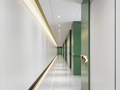 Modern Office Hallway Interior With White Walls Green Pillars Sleek Lighting And Polished Flooring 3d model