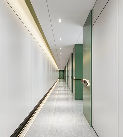 Modern Office Hallway Interior With White Walls Green Pillars Sleek Lighting And Polished Flooring 3d model