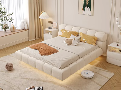 Bedroom Interior With White Bed Yellow Pillows Brown Blanket And Robot Vacuum 3d model