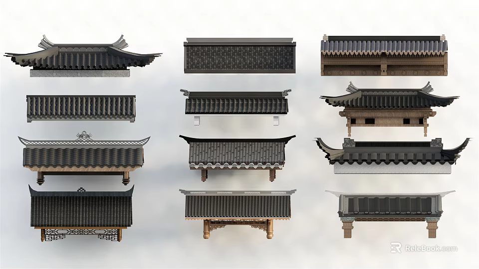 Traditional Chinese Architectural Roof Components With Diverse Eaves And Tile Styles 3d model 
