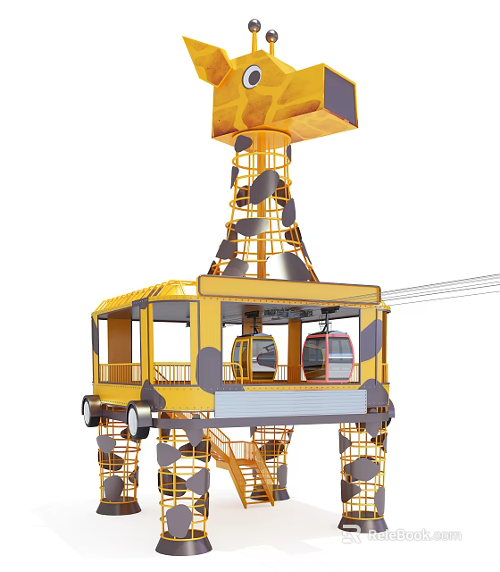 Yellow Cable Car Tower Structure Featuring Lifting Cabin And Metal Framework 3d model 