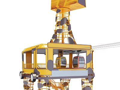Yellow Cable Car Tower Structure Featuring Lifting Cabin And Metal Framework 3d model