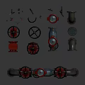 Industrial Red and Silver Pipes System With Valves and Mechanical Connections