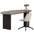 Modern Oval Shaped Dark Brown Wooden Office Desk With Desk Lamp And Beige Rolling Chair