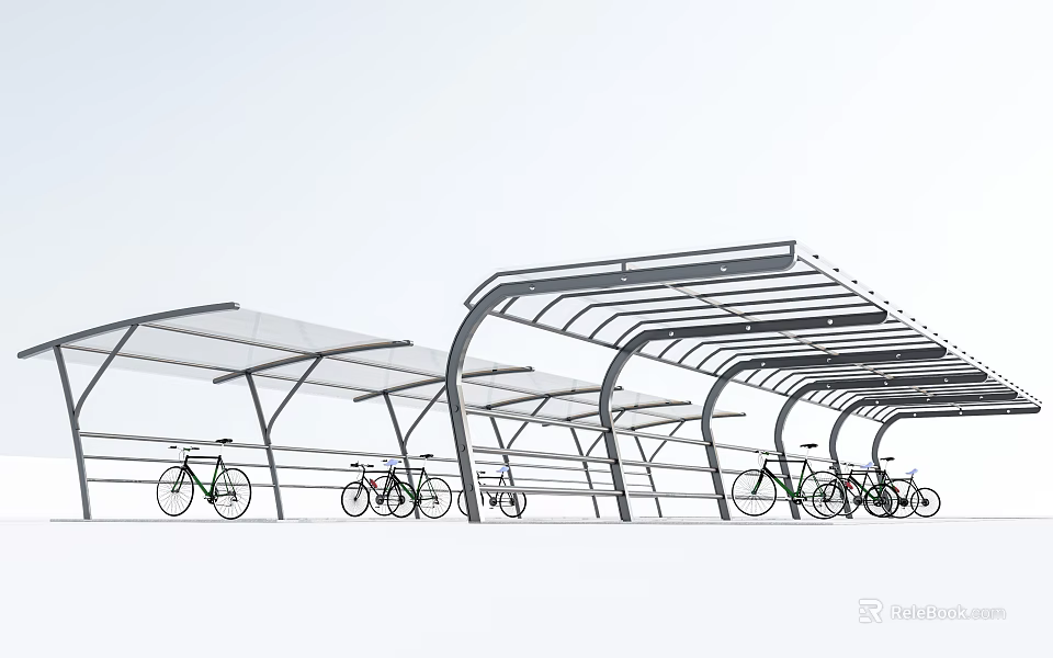 Row of Modern Bicycle Parking Canopies With Transparent Roof Structure 3d model 