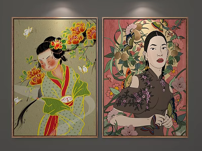 Traditional Chinese Figure Paintings With Women In Costumes Floral Elements And Butterflies 3d model