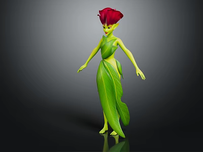 Green Plant Based Mythical Creature With Red Flower Headdress And Leafy Flowing Costume 3d model
