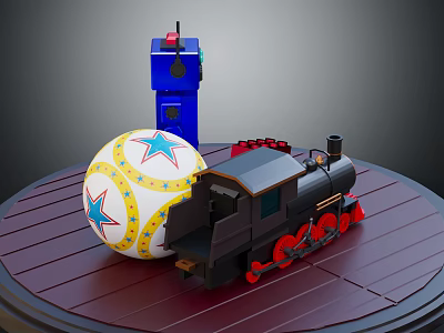 Electric Toy Train Locomotive With Yellow Star Ball And Blue Control Box On Wooden Platform 3d model