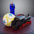 Electric Toy Train Locomotive With Yellow Star Ball And Blue Control Box On Wooden Platform