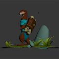 Anthropomorphic Badger In Blue Outfit Holding Purple Bottle On Green Grass With Pink Glowing Orbs