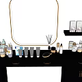 Black Dressing Table With Round Gold Frame Mirror And Organized Cosmetics Skincare Products