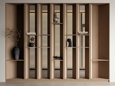 Modern Wooden Bookcase Design with Open Compartments and Decorative Items on Slatted Panels 3d model