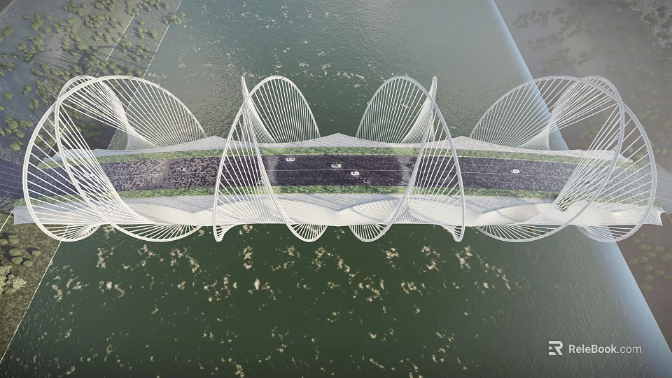 Modern White Wavy Net like Structure Landscape Bridge Spanning Water With Pedestrian Walkway 3d model 