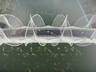 Modern White Wavy Net like Structure Landscape Bridge Spanning Water With Pedestrian Walkway 3d model