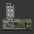 Cartoon Scene of Old Multi Story Building With Staircase Moss Covered Base and Gravel Ground