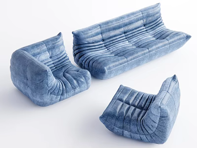 Modern Blue Multi Person Sofa With Pleated Fabric And Matching Chairs 3d model