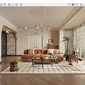 Elegant Living Room With Brown Sofa Crystal Chandelier Geometric Rug And Potted Plant