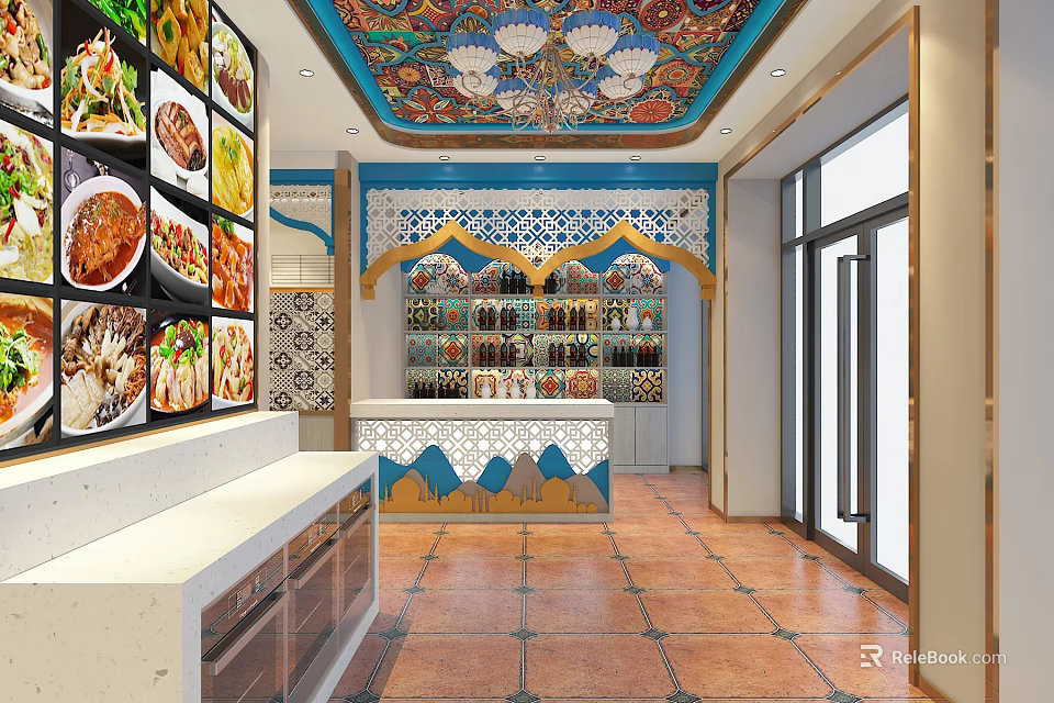 Store Front Desk With Colorful Ceiling Patterned Walls And Display Shelves Tile Floor 3d model 
