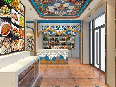 Store Front Desk With Colorful Ceiling Patterned Walls And Display Shelves Tile Floor 3d model