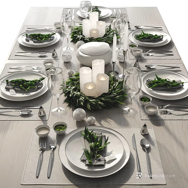 Elegant Dinnerware Set Table Setting with Green Leaf Decor Candles and Wine Glasses 3d model 