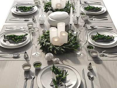 Elegant Dinnerware Set Table Setting with Green Leaf Decor Candles and Wine Glasses 3d model