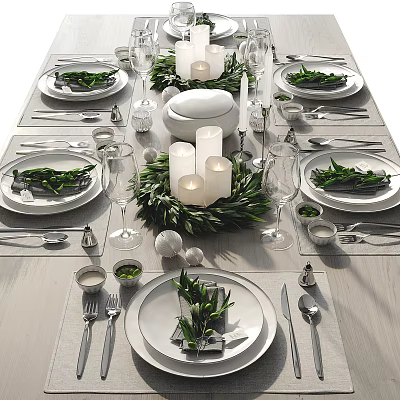 Elegant Dinnerware Set Table Setting with Green Leaf Decor Candles and Wine Glasses 3d model