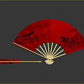 Traditional Red Hand Fan With Golden Ribs And Black Decorative Patterns