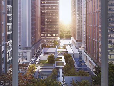 Modern Urban Commercial Landscape With High Rise Buildings Open Courtyard And Lush Greenery Features 3d model