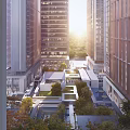 Modern Urban Commercial Landscape With High Rise Buildings Open Courtyard And Lush Greenery Features
