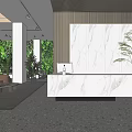 Modern Public Office Space Interior With Marble Reception Counter Greenery Wall And Wooden Panels