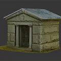 Weathered Stone Structure Featuring Carved Details Columns Wooden Door And Gray Roof