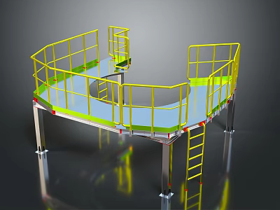 Industrial Metal Platform Structure With Yellow Railings Green Platform Curved Design And Ladder 3d model