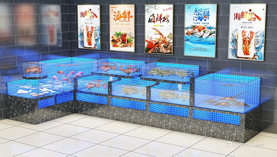 Multiple Aquarium Tanks With Fish And Crabs And Seafood Posters On Wall 3d model