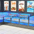 Multiple Aquarium Tanks With Fish And Crabs And Seafood Posters On Wall 3d model