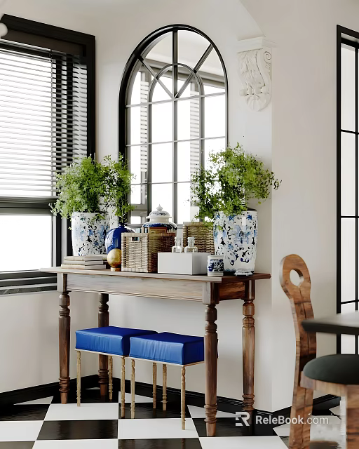 Wooden Console Table With Green Plants Decorative Vases And Wicker Baskets In Entryway 3d model 