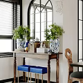 Wooden Console Table With Green Plants Decorative Vases And Wicker Baskets In Entryway